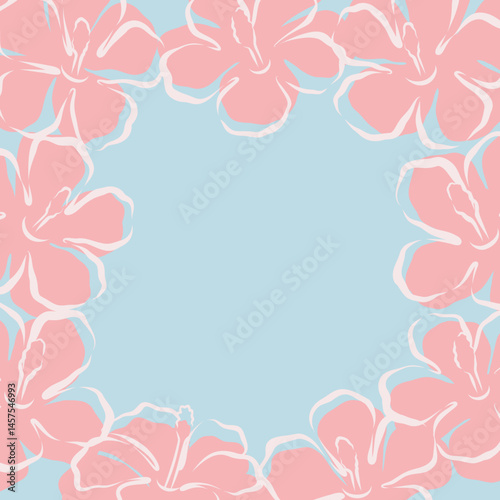 Hand drawn vector hibiscus illustration square frame on blue background