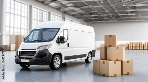 White delivery van parked inside a spacious warehouse beside stacked cardboard boxes.