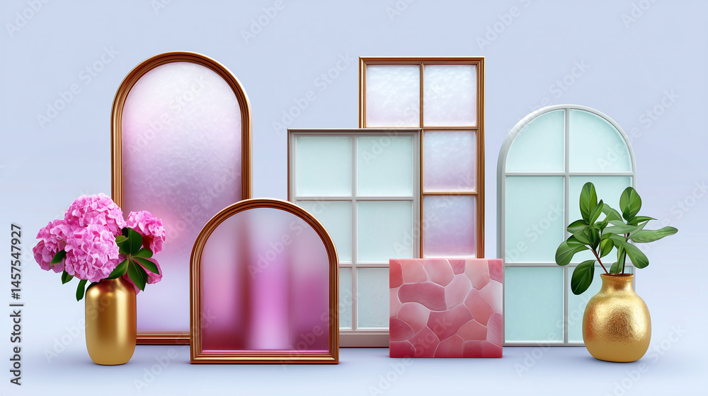 A variety of framed items, including a vase with pink flowers, a gold vase