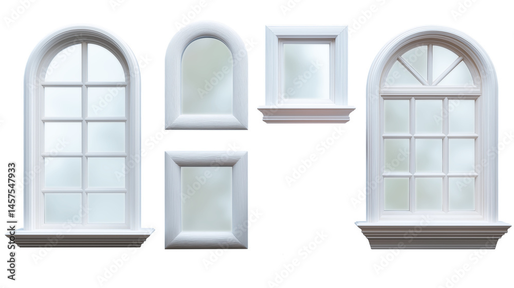 Set of windows with white frames, windows of different sizes. Transparent panes.