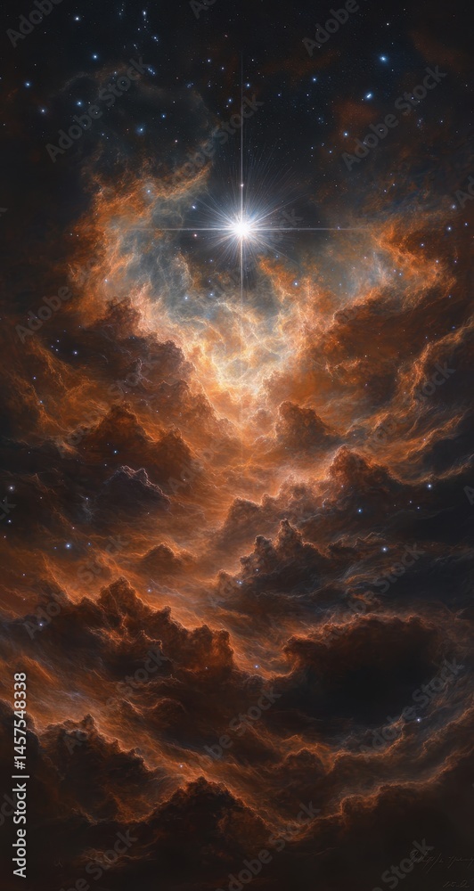 Fototapeta premium A brilliant star shines through swirling, rust-colored nebula clouds, scattered with distant stars