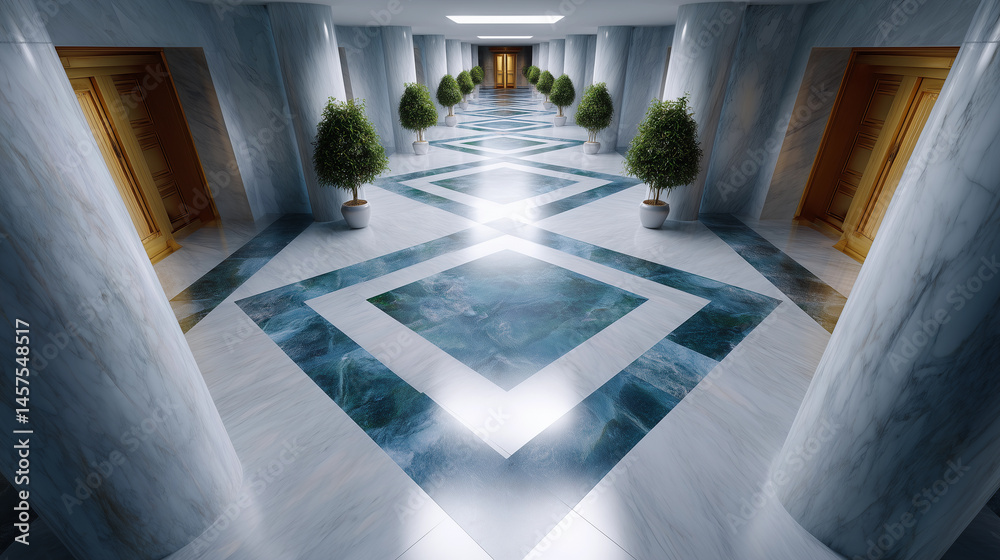 A long hallway with a blue tile floor and white pillars