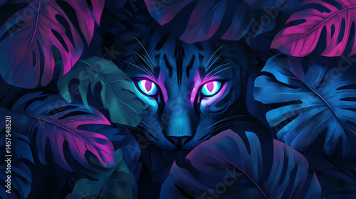 Fototapeta Naklejka Na Ścianę i Meble -  Cool dark jungle pattern with neon animal eyes and shadowed leaves, edgy wallpaper. [Neon Beasts] | Glowing Stare | light gaze. Illustration