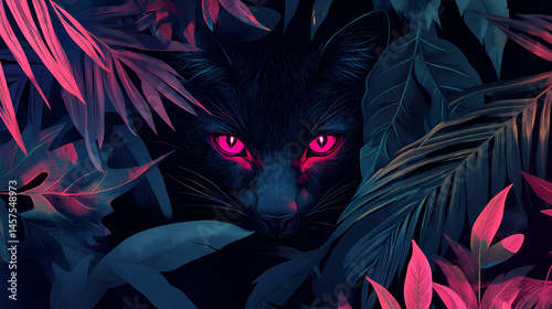 Fototapeta Naklejka Na Ścianę i Meble -  Cool dark jungle pattern with neon animal eyes and shadowed leaves, edgy wallpaper. [Neon Beasts] | Glowing Stare | light gaze. Illustration