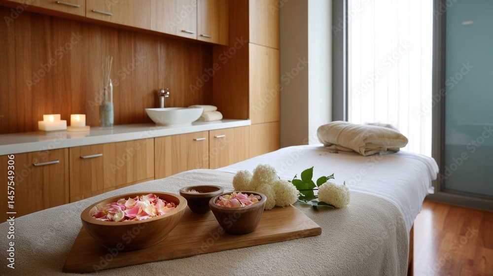 An elegant spa treatment room with a massage bed soft lighting and bowls of aromatic flower petals ready for a relaxing experience infused with essential oils.