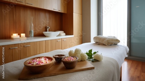 Obraz na płótnie An elegant spa treatment room with a massage bed soft lighting and bowls of aromatic flower petals ready for a relaxing experience infused with essential oils. w salonie