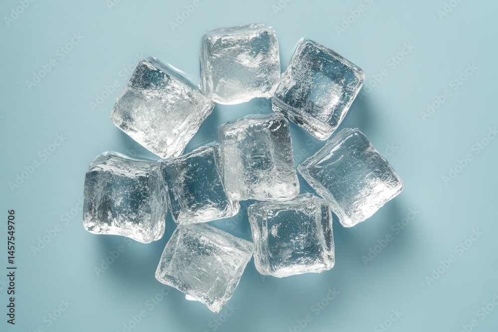 A cluster of translucent ice cubes rests on a light blue background A cluster of translucent ice cubes rests on a light blue background