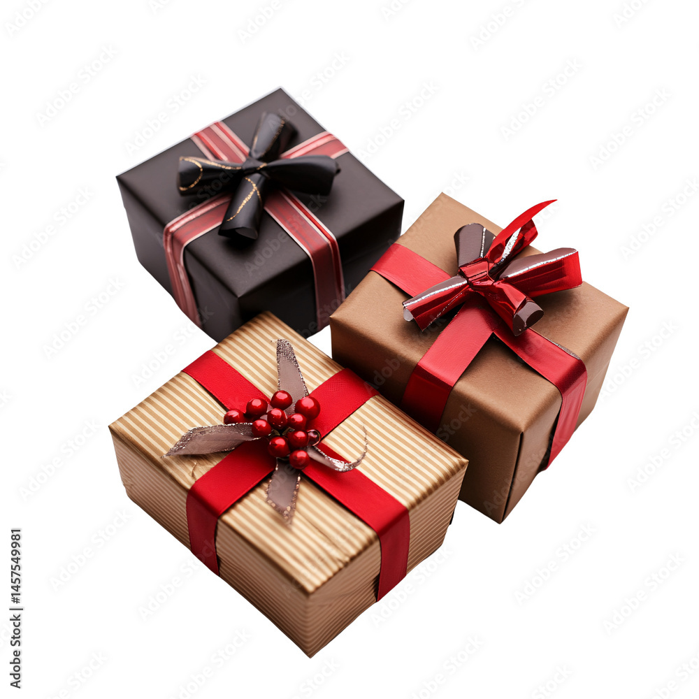 Three elegantly wrapped gift boxes with red ribbons on a transparent background for Christmas, birthday, or special occasion celebration Three elegantly wrapped gift boxes with red ribbons on a transparent background for Christmas, birthday, or special occasion celebration