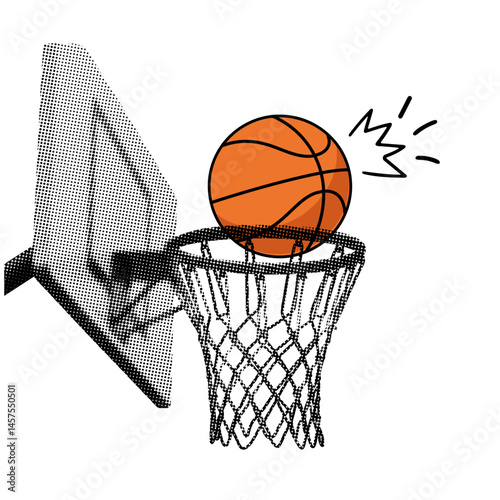 basketball going through a hoop, retro halftone illustration