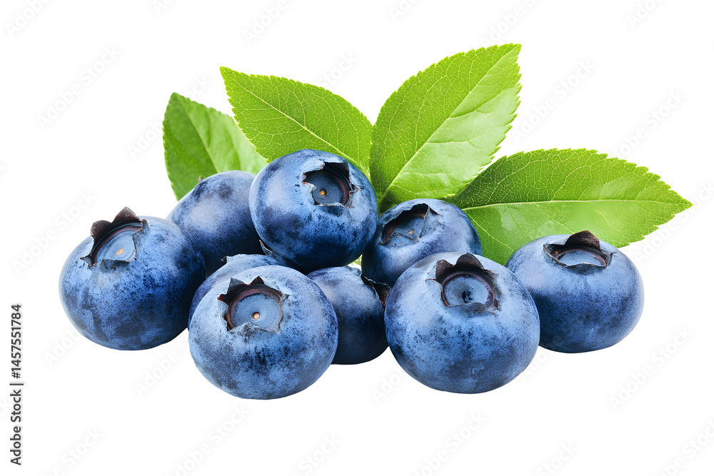 Obraz premium Studio shot exhibiting fresh blueberries with green leaves, isolated black backdrop