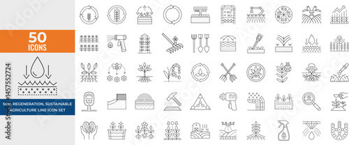 Soil Regeneration and Sustainable Agriculture Icons, Irrigation, Erosion Control, Nutrient Management, AI Farming Tools, Thin Linear Vector Pictograms