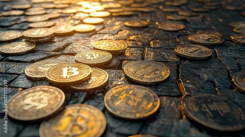 Cryptocurrencies scattered on a dark stone surface, illuminated by sunlight photo