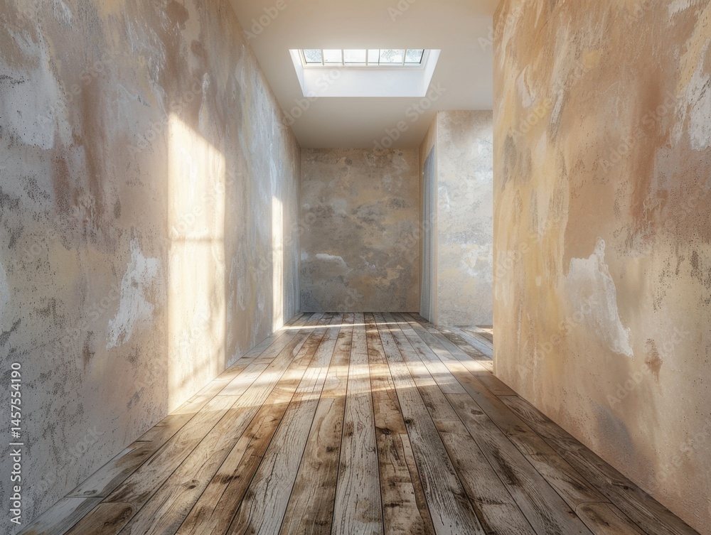 Obraz premium A long hallway with a window in the ceiling. The walls are made of concrete and the floor is made of wood