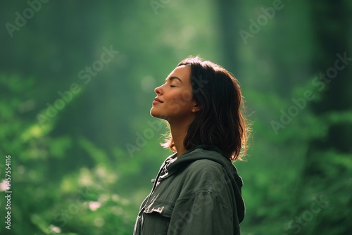 Woman in quiet forest taking deep breaths and soaking in peaceful atmosphere