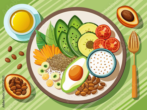 vector of Healthy and nutritious food: avocado, chia seeds, walnuts and almonds