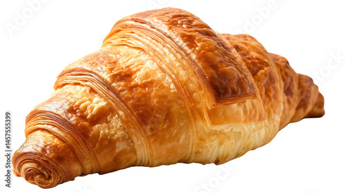 A croissant has a crescent shape, with a flaky, golden-brown exterior and a soft, buttery interior isolated on white background or transparent png 