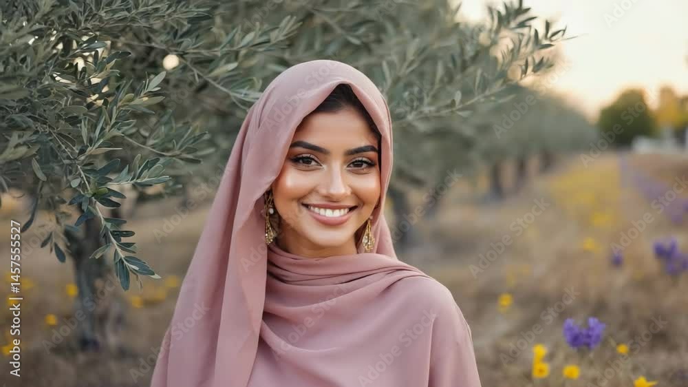 Smiling woman in hijab standing in olive grove. She is wearing a dusty rose colored hijab and looks happy and confident Smiling woman in hijab standing in olive grove. She is wearing a dusty rose colored hijab and looks happy and confident