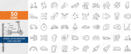 Speed and Acceleration Icons Set - Vector Pictograms of Fast Movement, Quick Actions, Progress, Rocket, Speedometer, Lightning Bolt, and Rapid Growth