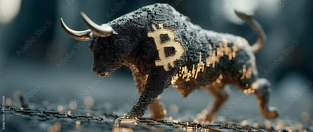 Digital sculpture of a bullish bitcoin bull walking forward, a symbol created from thousands of golden pixels, dynamically shimmering with stock data visualizations and market ticker elements