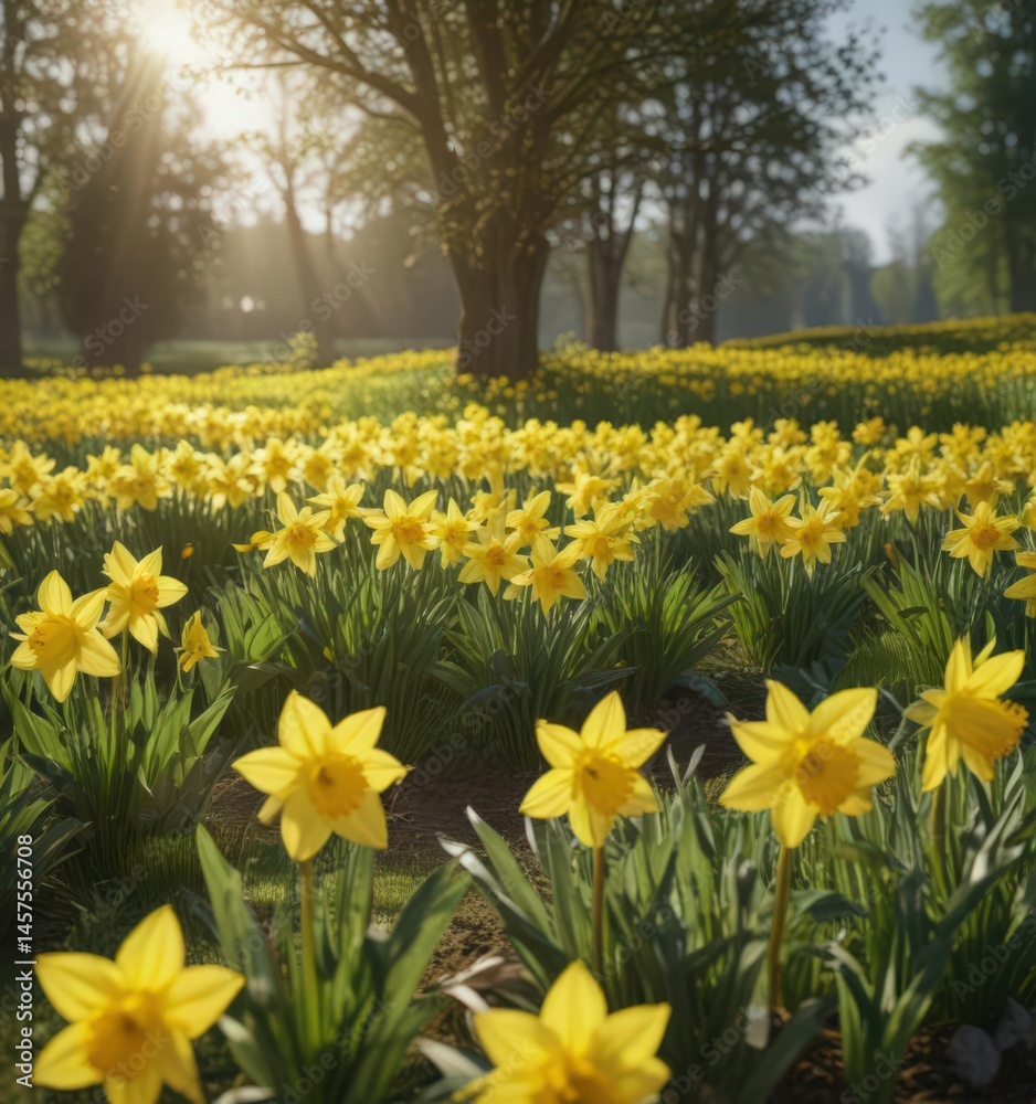 Obraz premium Sunlit daffodils burst forth in vibrant yellow against a verdant field , texture, springtime, flora