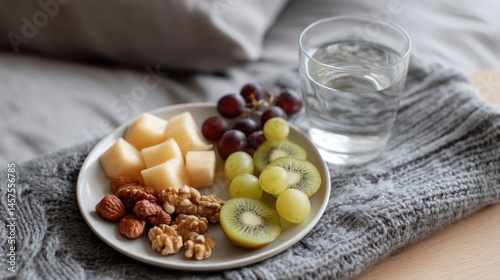 Obraz na płótnie A plate with a balanced snack of fruits and nuts positioned next to a glass of water highlighting the importance of proper nighttime nutrition for sleep quality. w salonie