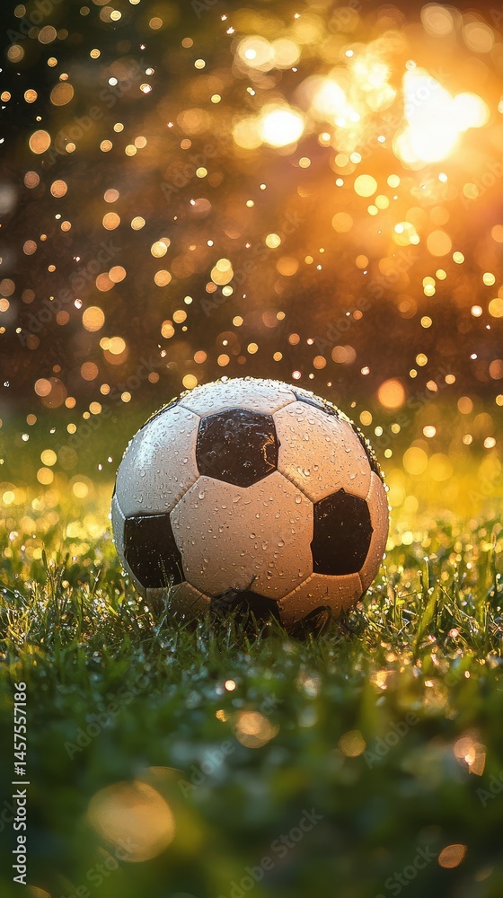 Fototapeta premium Soccer ball in wet grass during sunset