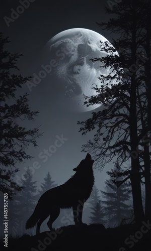 Wallpaper Mural Lone wolf howls under a full moon, silhouetted against dark trees ,  stock,  illustration Torontodigital.ca