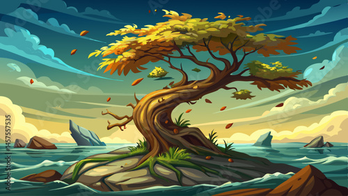 One twisted tree clings to life on a barren island, leaves rustling in the ocean breeze under a stormy sky