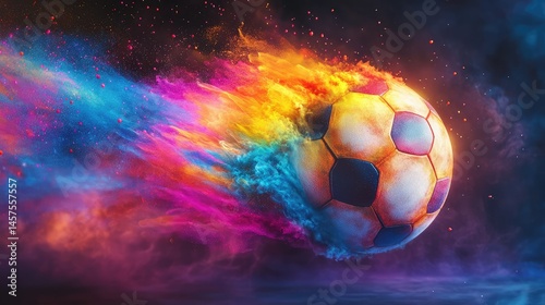 Soccer ball streaking through vibrant cosmic flames