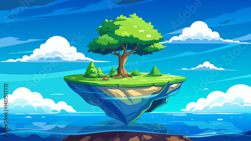 A tiny island floats in a glassy blue sea, crowned by a single windswept tree reaching toward the clouds