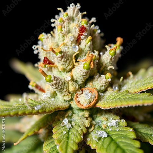 A close-up photograph of a single cannabis flower with abundant THC crystals, highlighting its potency and high level of Tetrahydrocannabinolic acid.