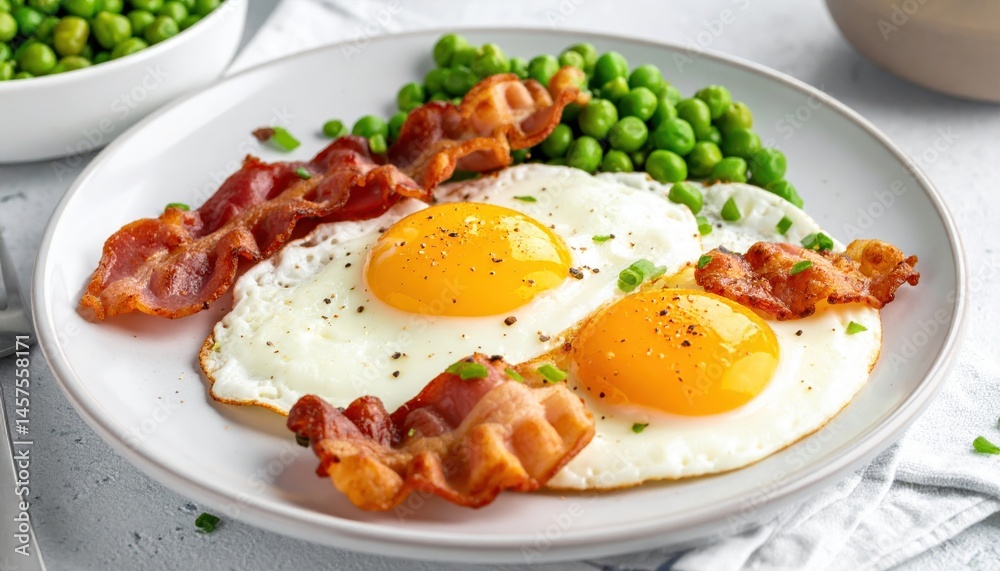 Scrambled eggs with crispy bacon and fresh green peas sit on a plate, conveying a comforting and delicious breakfast scene. Scrambled eggs with crispy bacon and fresh green peas sit on a plate, conveying a comforting and delicious breakfast scene.
