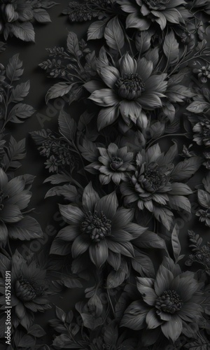 Intricate charcoal floral pattern, abstract botanicals  , seamless, luxury, art