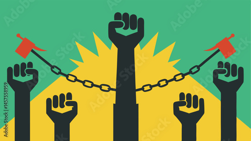 Breaking Chains A symbolic image of hands breaking free from chains with slogans like Freedom is a Right representing liberation from oppression and human rights abuses.