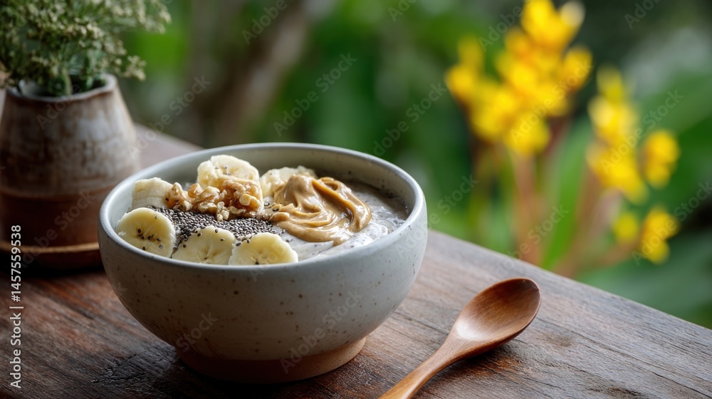 Healthy breakfast oatmeal porridge topped with sliced banana, walnuts, chia seeds, and peanut butter, served in a bowl on a wooden table with a wooden spoon and a blurred natural background