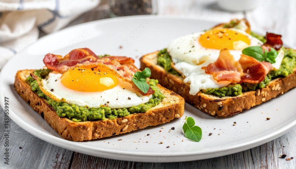 Two slices of avocado toast topped with fried eggs and bacon sit on a white plate, garnished with fresh herbs and cracked pepper. Two slices of avocado toast topped with fried eggs and bacon sit on a white plate, garnished with fresh herbs and cracked pepper.