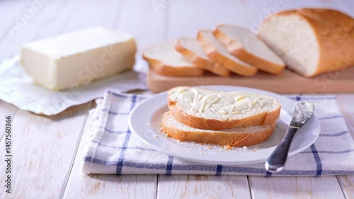 Slices of wheat bread and butter on a white wooden table.Delicious white wheat bread and fresh butter on a light wooden table.
