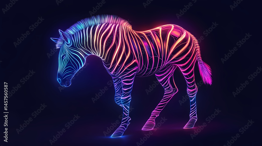 Fototapeta premium Dazzling neon zebra shining brightly on black background image. [Neon Beasts] | Radiowave Tracker | frequency beast. Illustration