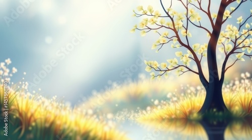 Elegant Tree with Yellow Leaves by a Bright Riverbank