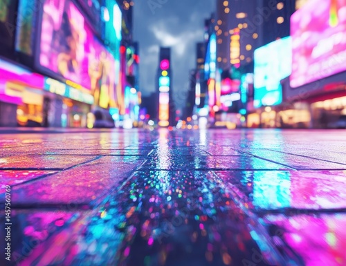 Wallpaper Mural Neon-lit city street at night, rain-slicked pavement reflecting vibrant colors Torontodigital.ca