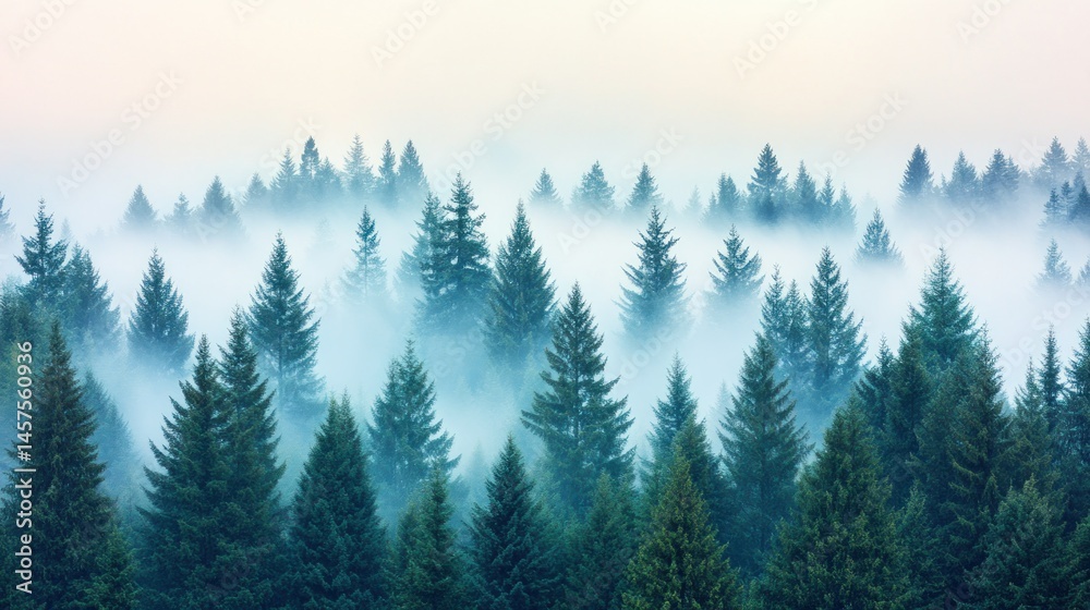 Fototapeta premium Misty mountain forest sunrise; scenic view
