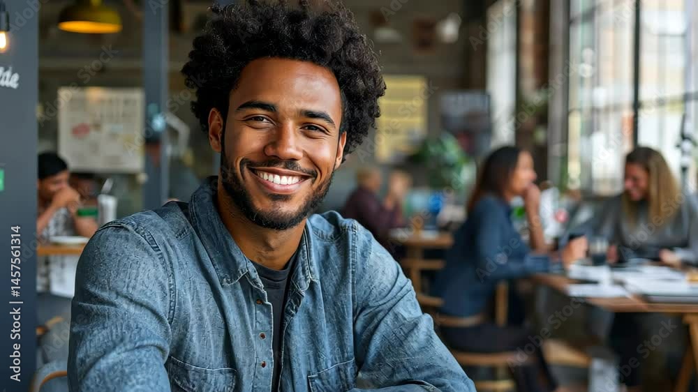 Smiling Man in Cafe: A portrait of a smiling young man with afro hair sitting in a modern cafe, enjoying the atmosphere. He is looking directly at the camera with a confident and friendly demeanor. Smiling Man in Cafe: A portrait of a smiling young man with afro hair sitting in a modern cafe, enjoying the atmosphere. He is looking directly at the camera with a confident and friendly demeanor.