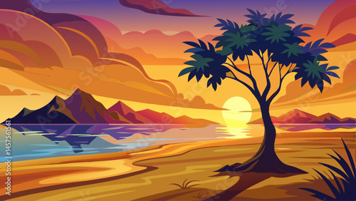 At sunset, the silhouette of one tree casts a long shadow across the golden beach of the quiet island