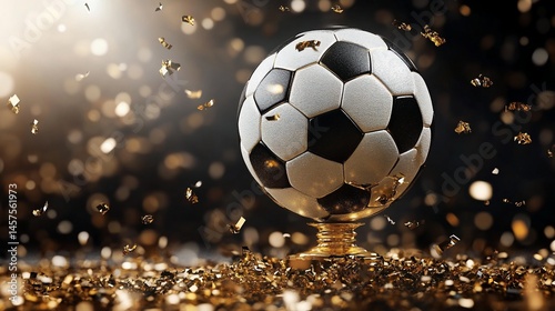 Triumphant Soccer Ball Trophy Amidst Golden Confetti