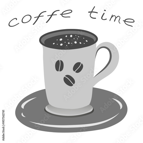Happy Coffee Break. Vector illustration of a coffee cup with a playful face made of coffee beans. Perfect for themes to coffee, breaks, happiness, and simple pleasures.