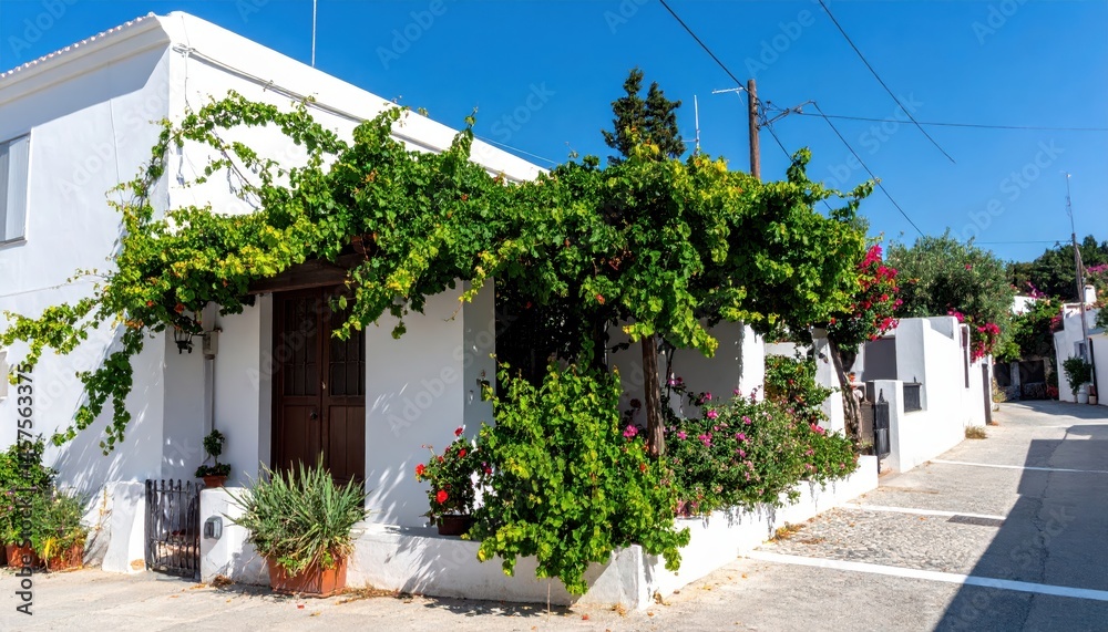 Obraz premium Sun-drenched, whitewashed buildings with vibrant bougainvillea line a narrow, idyllic Mediterranean street, evoking a sense of peaceful tranquility.