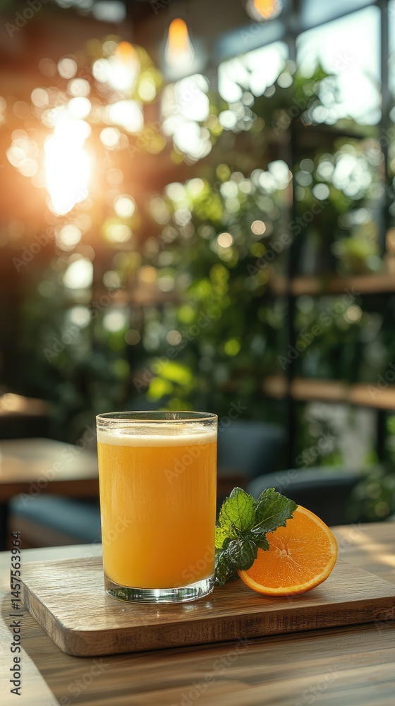 Fresh orange juice in a glass, with a slice of orange and mint leaves Fresh orange juice in a glass, with a slice of orange and mint leaves