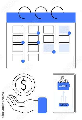 Conceptual design of a calendar with marked events, a mobile payment system, and an open hand with a coin. Ideal for finance, planning, payments, e-commerce, money management, scheduling and simple