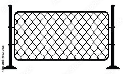 Black and white chain-link fence vector illustration. Rectangular with vertical supports, clearly defined mesh pattern. Front-facing perspective, flat graphic silhouette design. No color or lighting, 