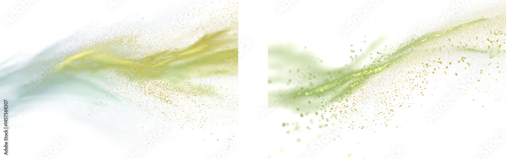 Obraz premium Set of two flowing botanical dust particle trails in soft light green and yellow tones, isolated on transparent background for nature, cosmetic, or eco-friendly product design use